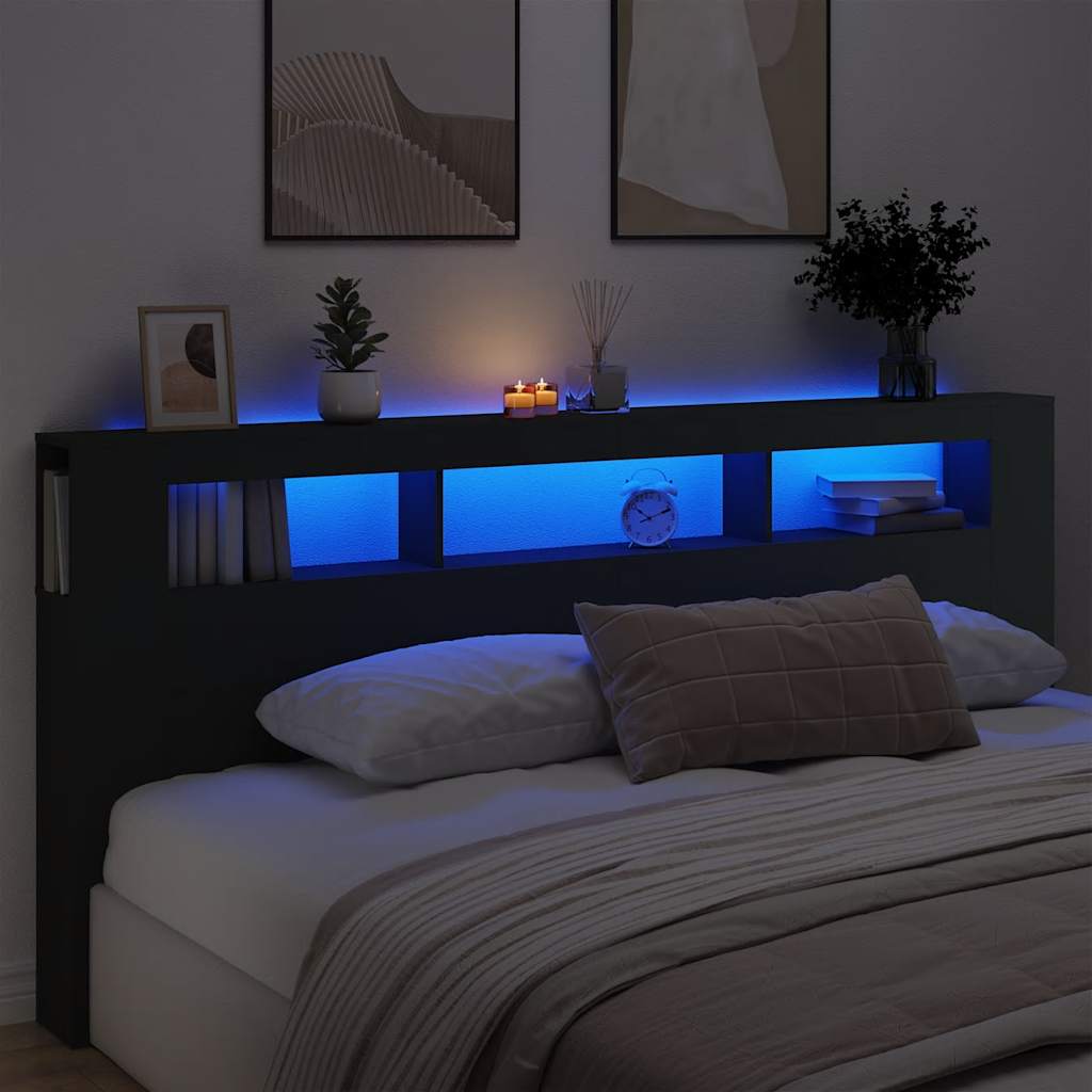 LED Headboard Black 220x18.5x103.5 cm Engineered Wood