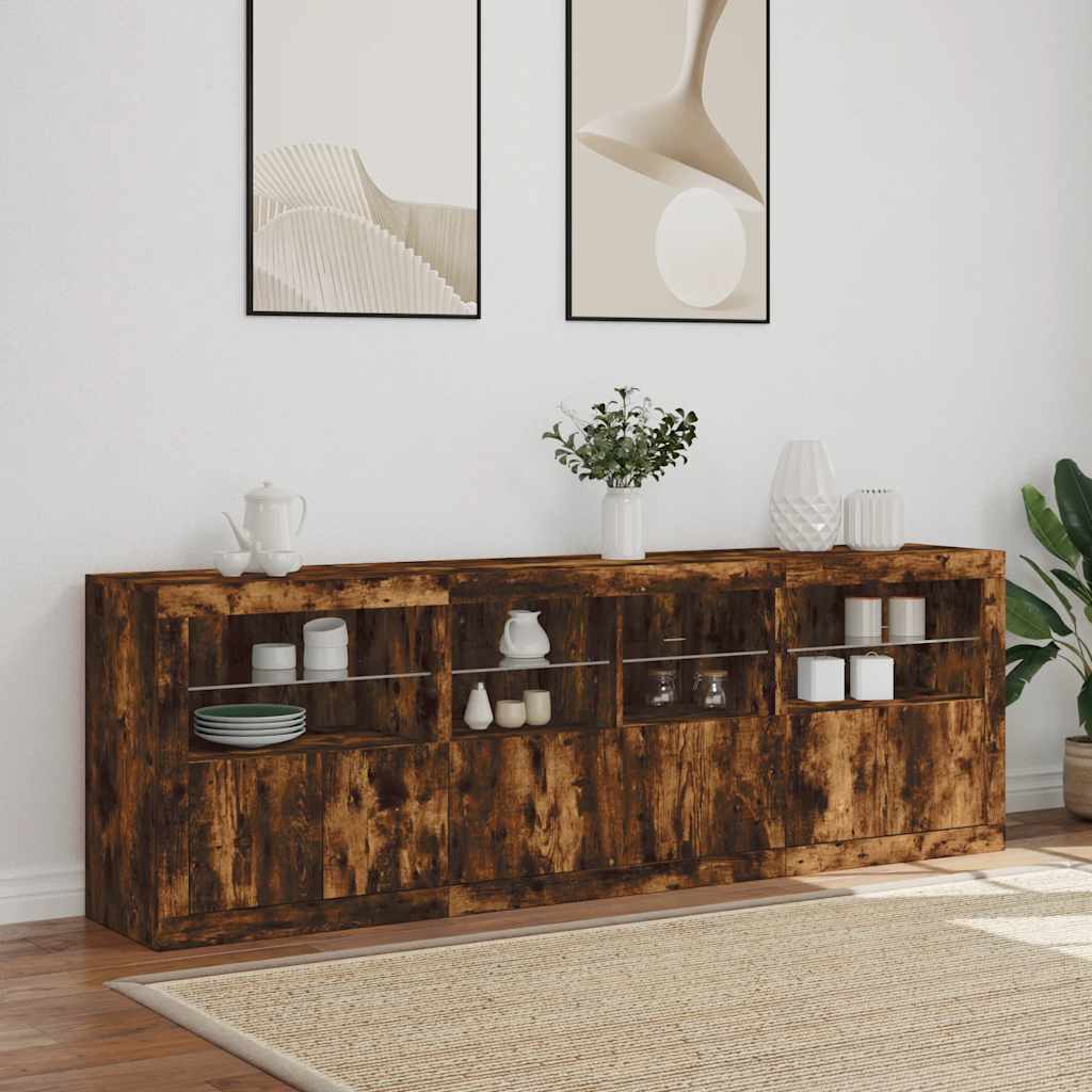 Sideboard with LED Lights Smoked Oak 202x37x67 cm