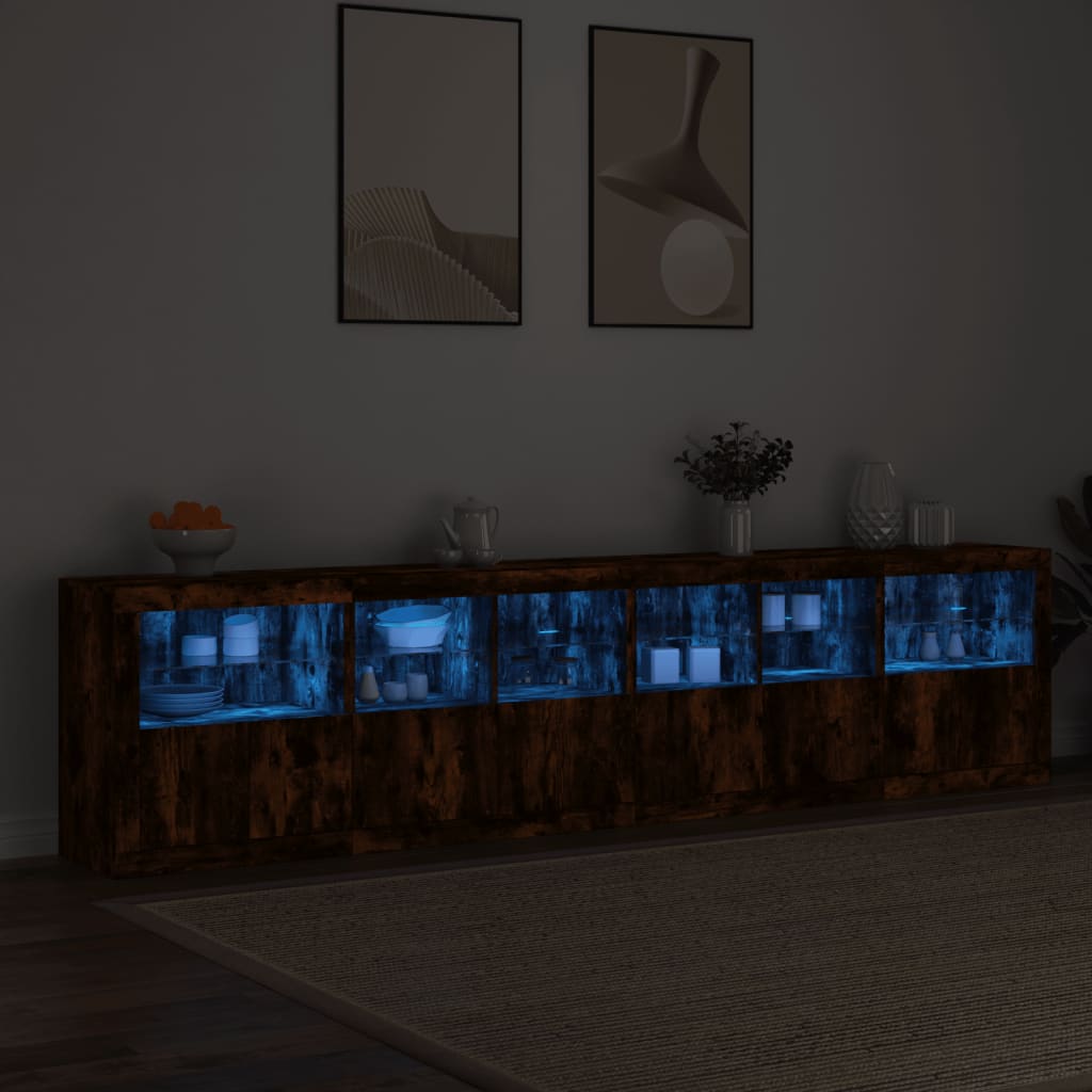 Sideboard with LED Lights Smoked Oak 283x37x67 cm