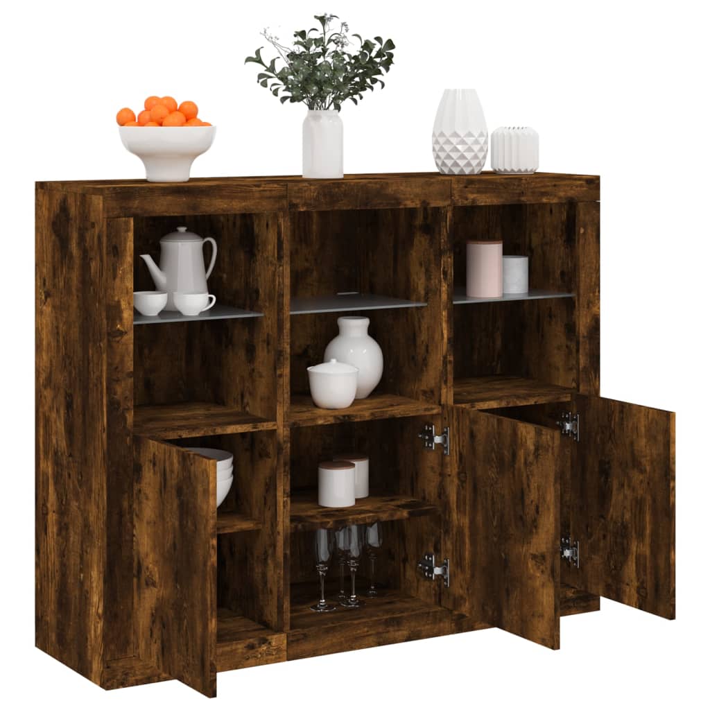 Sideboards with LED Lights 3 pcs Smoked Oak Engineered Wood