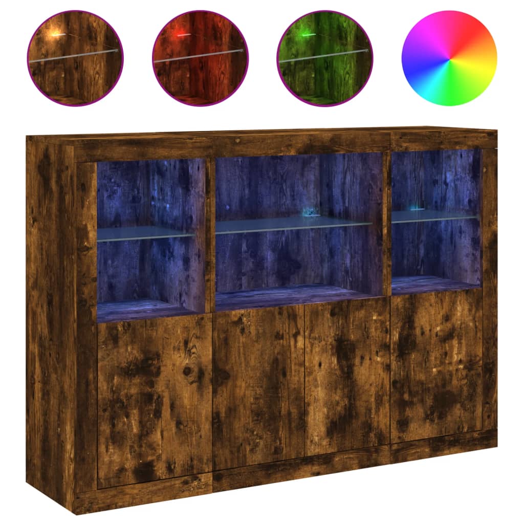 Sideboards with LED Lights 3 pcs Smoked Oak Engineered Wood