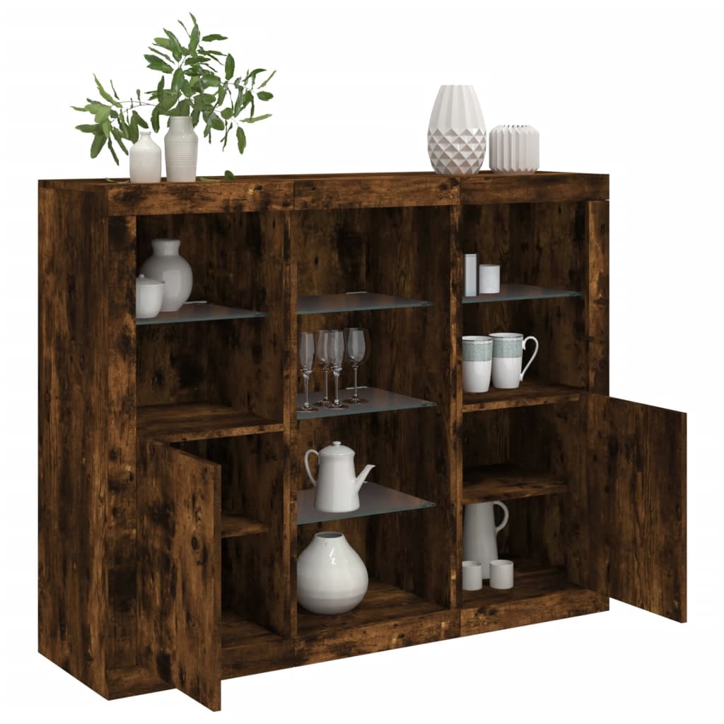 Sideboards with LED Lights 3 pcs Smoked Oak Engineered Wood