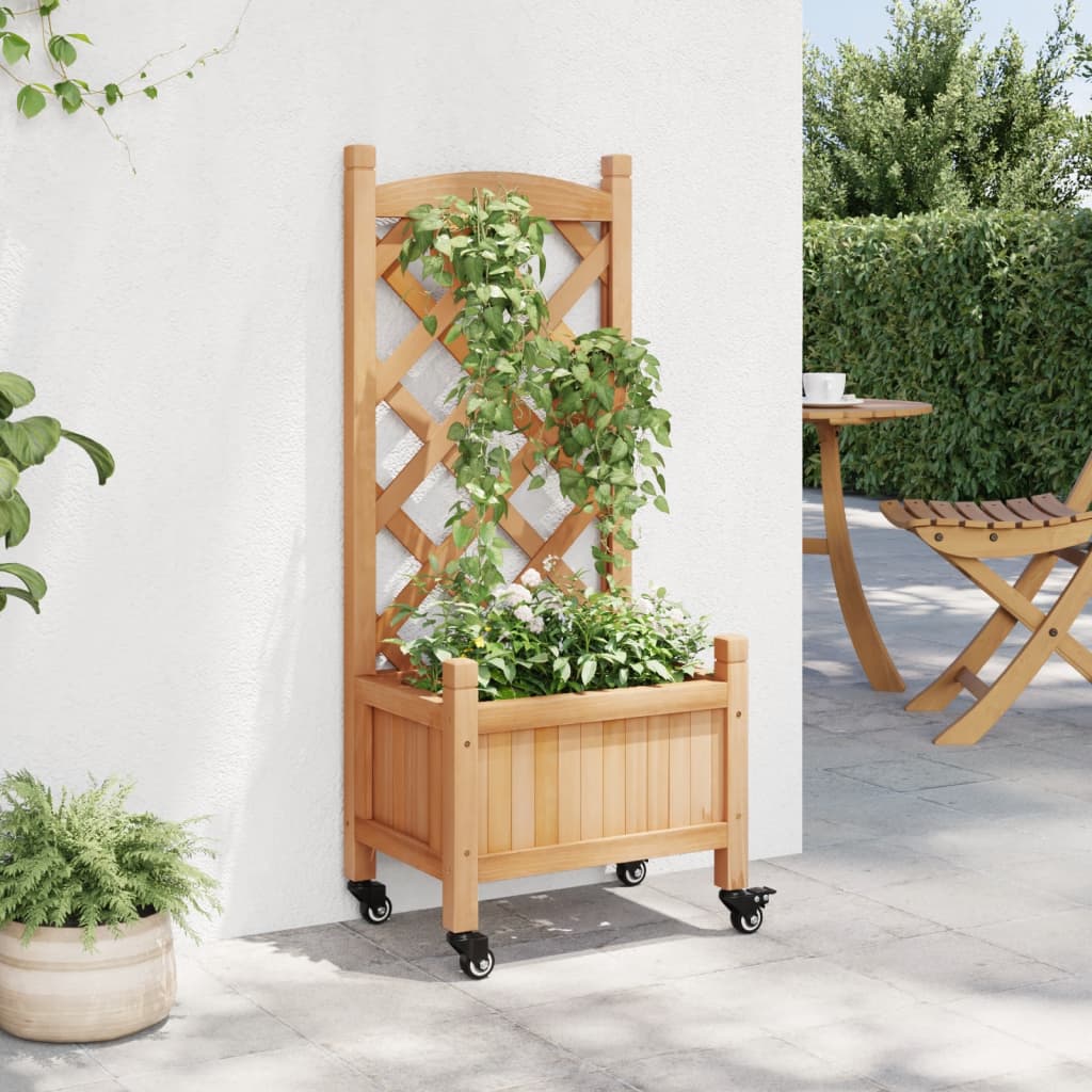 vidaXL Planter with Trellis and Wheels Brown Solid Wood Fir