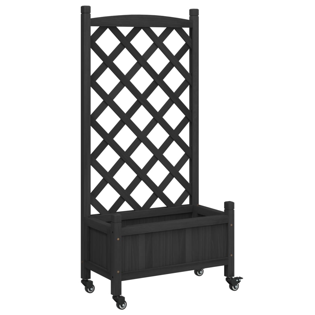 vidaXL Planter with Trellis and Wheels Black Solid Wood Fir