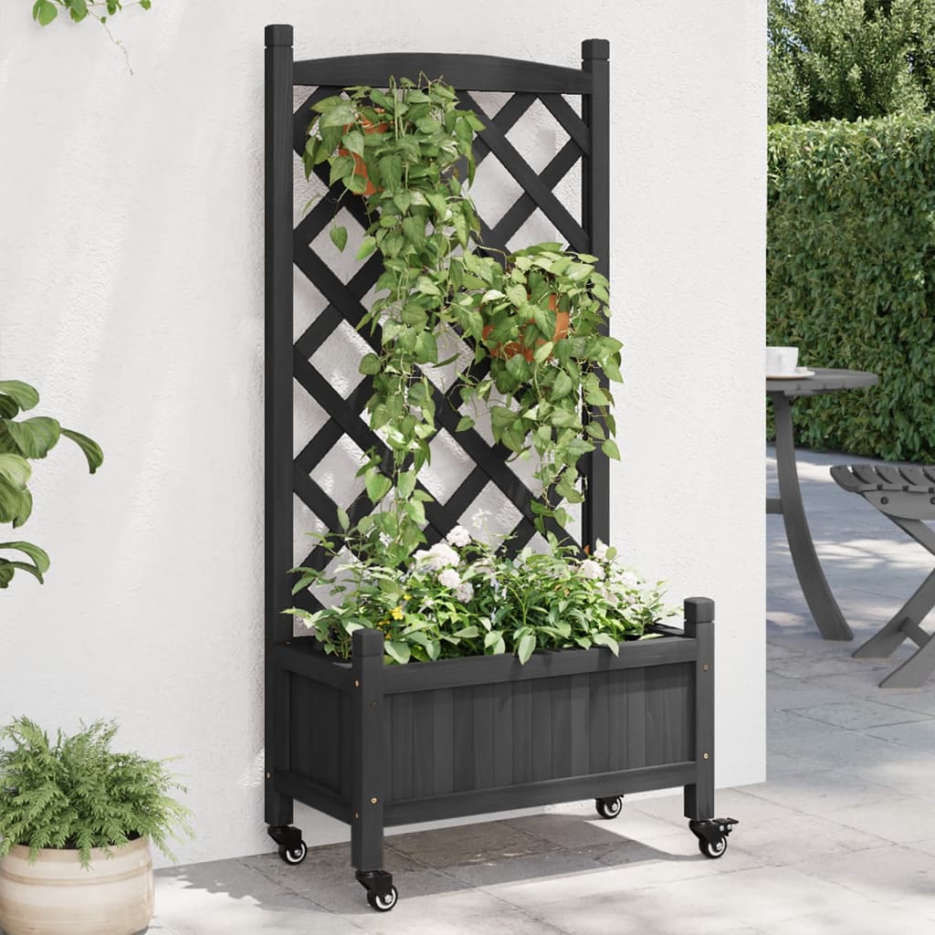 vidaXL Planter with Trellis and Wheels Black Solid Wood Fir