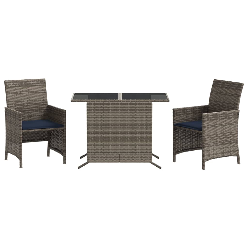 3 Piece Bistro Set with Cushions Grey Poly Rattan