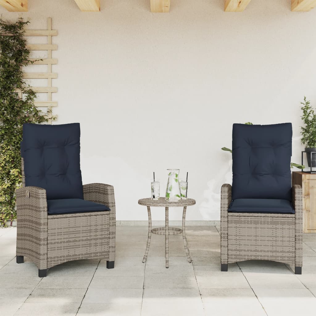 3 Piece Bistro Set with Cushions Grey Poly Rattan (US only)