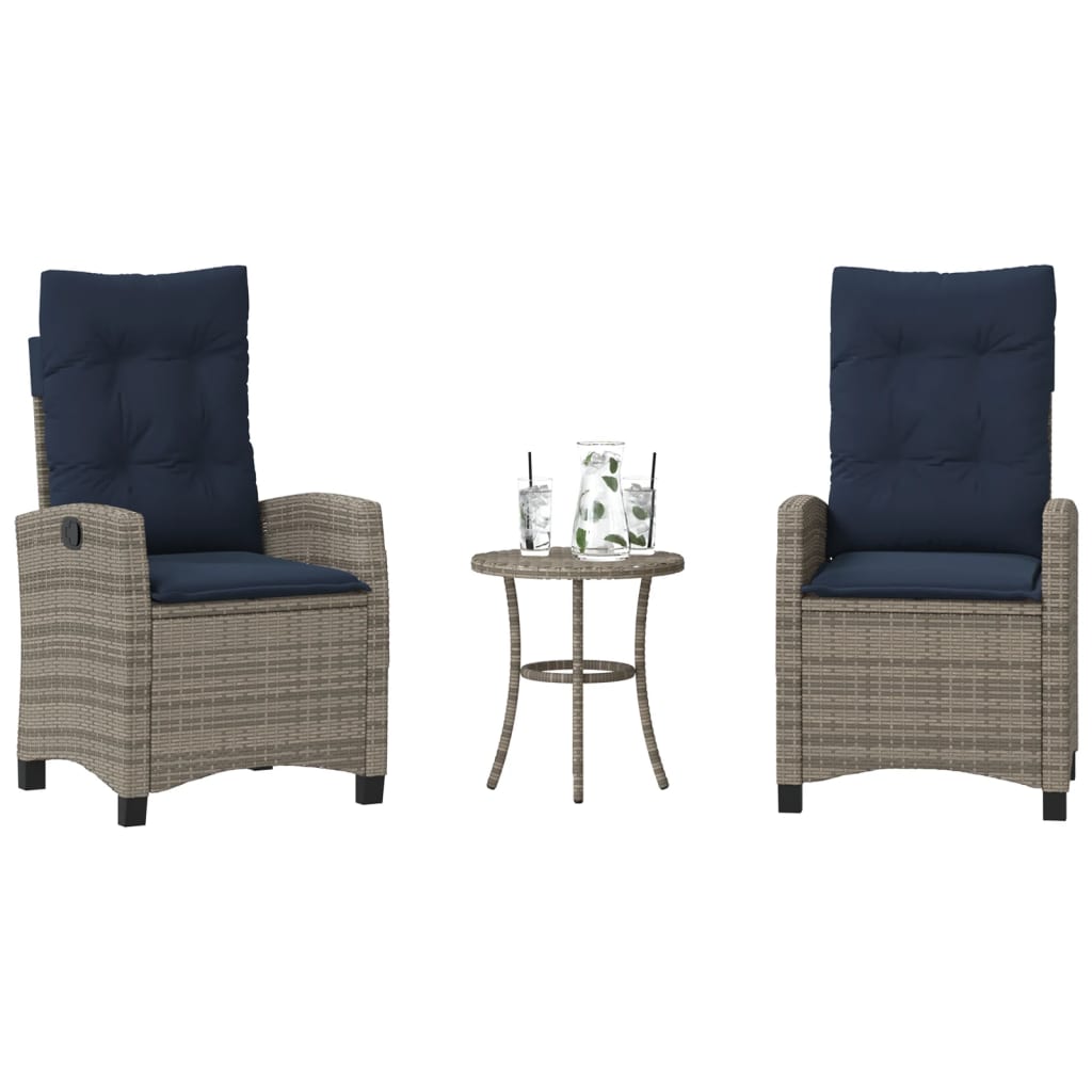 3 Piece Bistro Set with Cushions Grey Poly Rattan (US only)