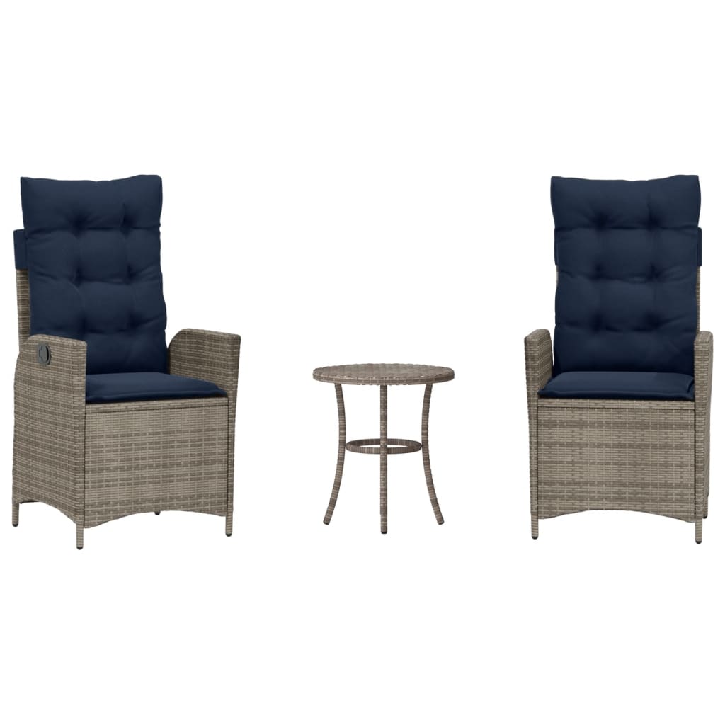 3 Piece Bistro Set with Cushions Grey Poly Rattan (US only)