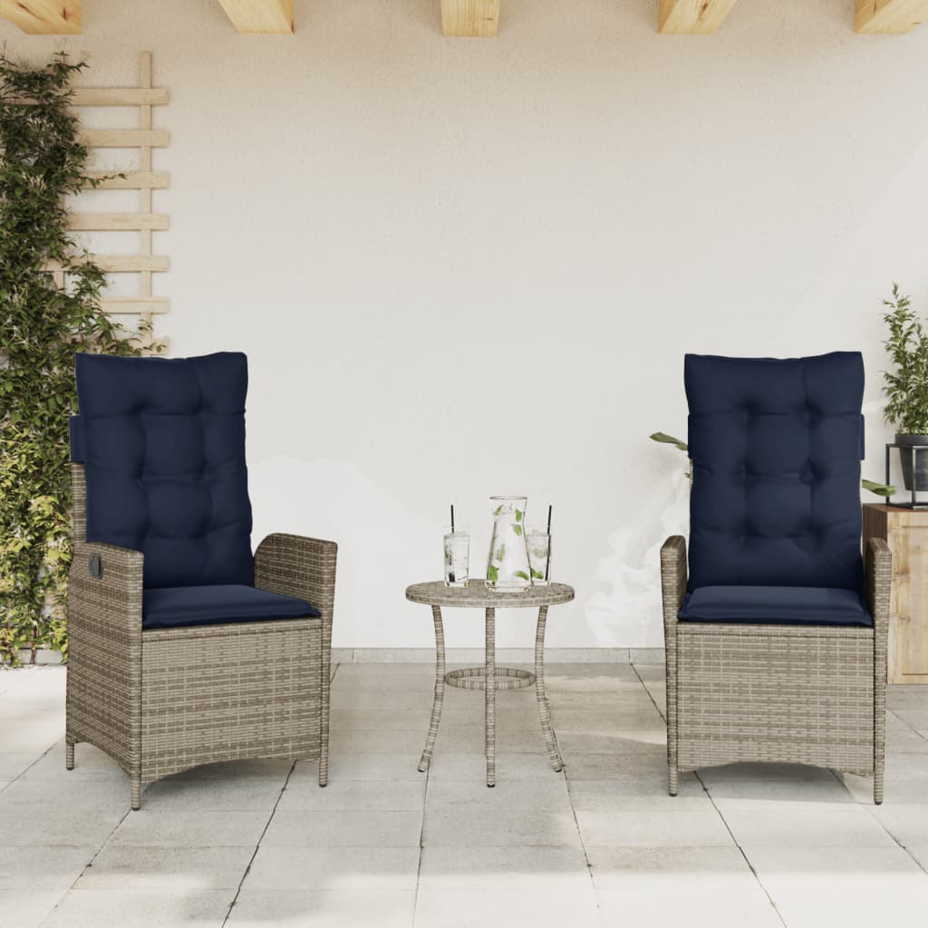3 Piece Bistro Set with Cushions Grey Poly Rattan (US only)