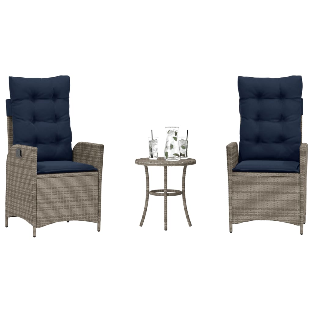 3 Piece Bistro Set with Cushions Grey Poly Rattan (US only)