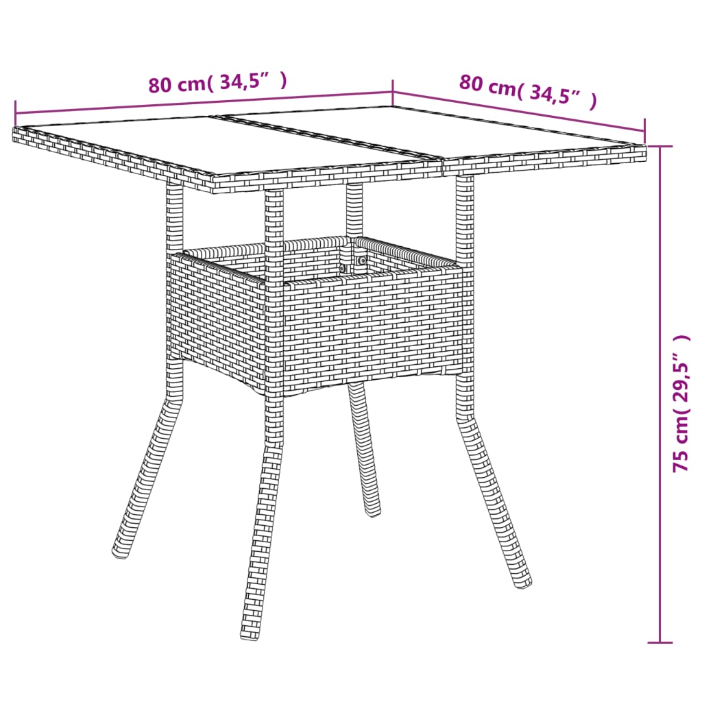 vidaXL Garden Table with Glass Top Black 80x80x75 cm Poly Rattan