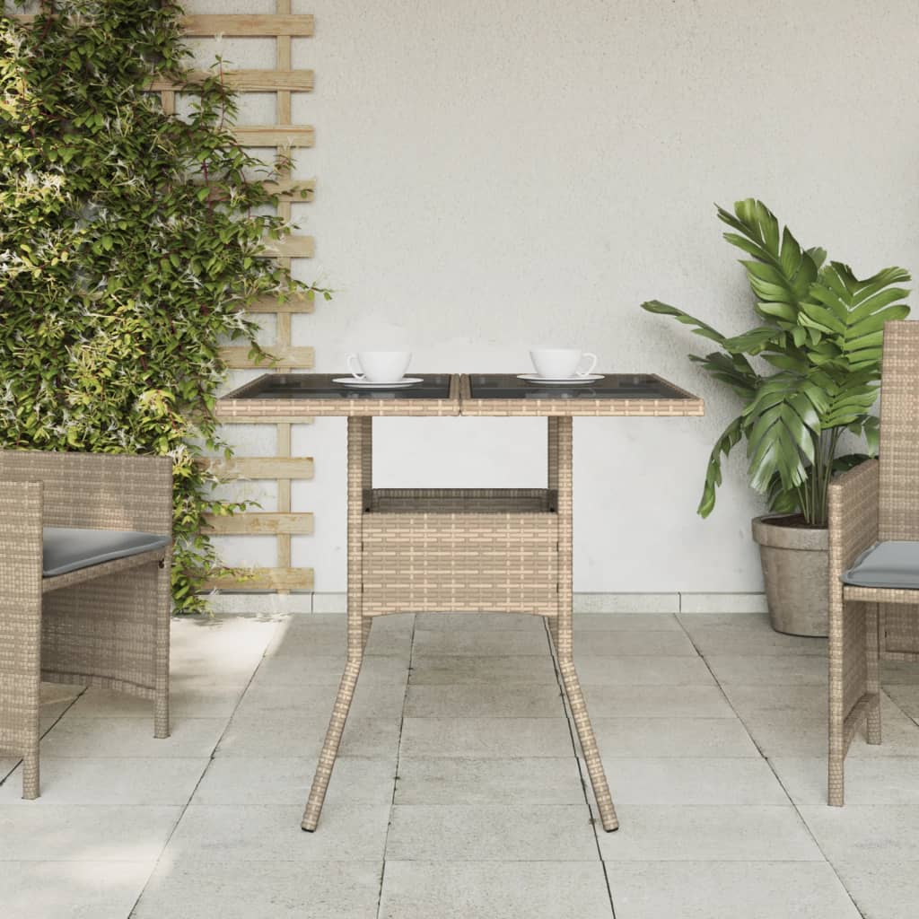 vidaXL Garden Table with Glass Top Beige 80x80x75 cm Poly Rattan