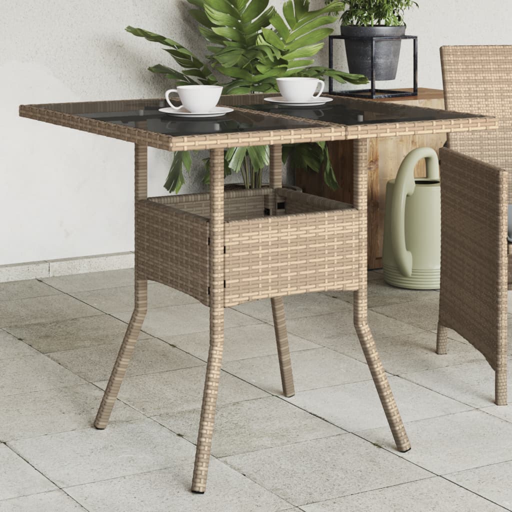 vidaXL Garden Table with Glass Top Beige 80x80x75 cm Poly Rattan