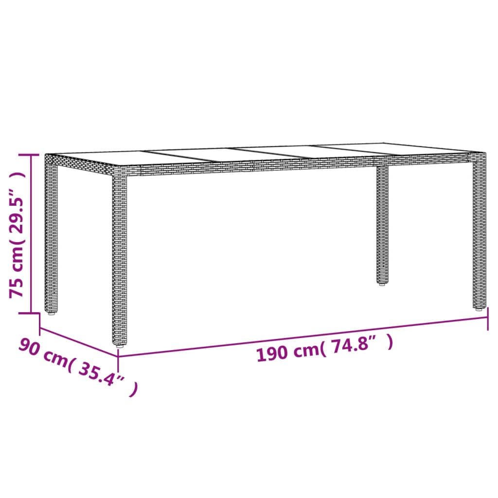 vidaXL Garden Table with Glass Top Brown 190x90x75 cm Poly Rattan