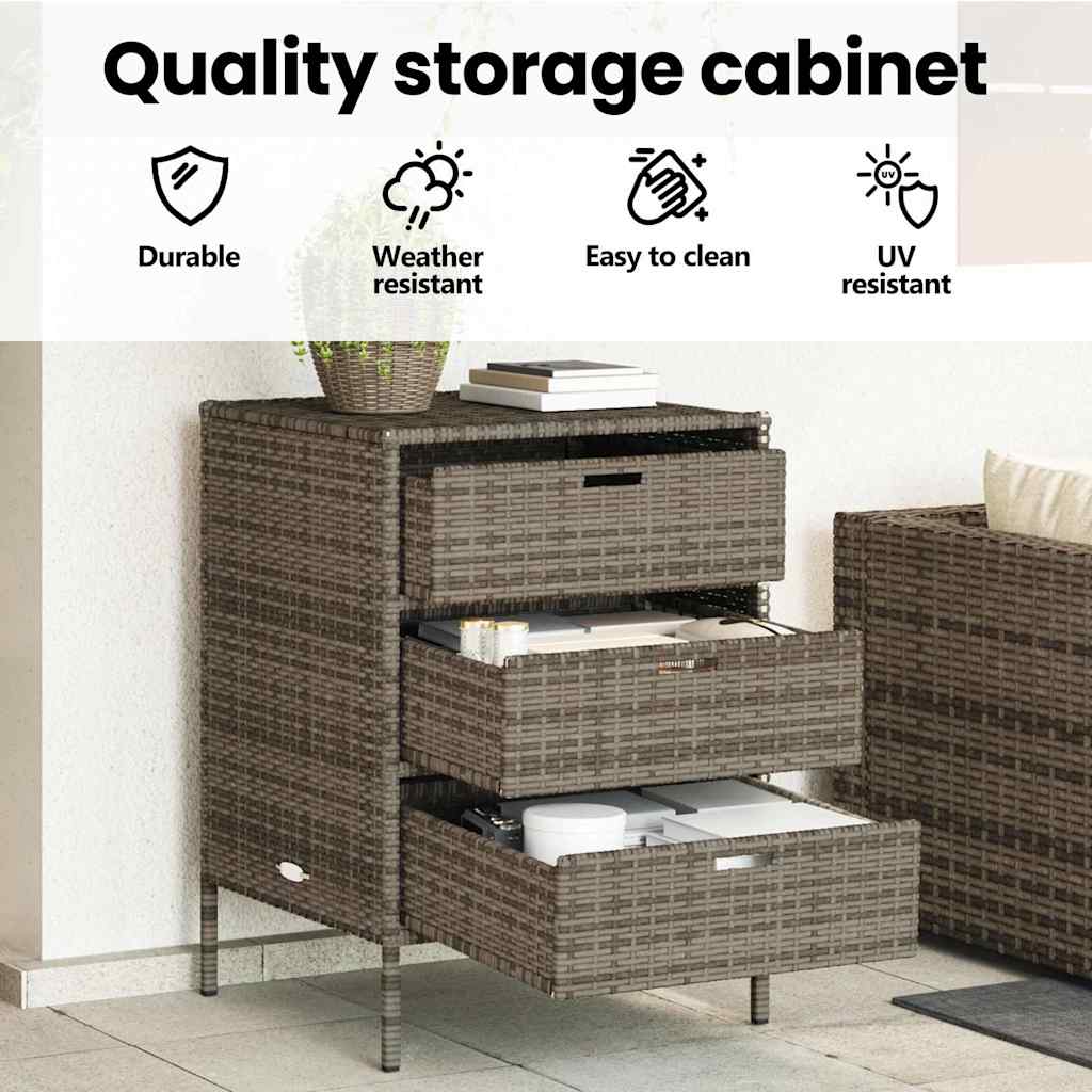 Garden Storage Cabinet with 3 Drawers Grey Poly Rattan
