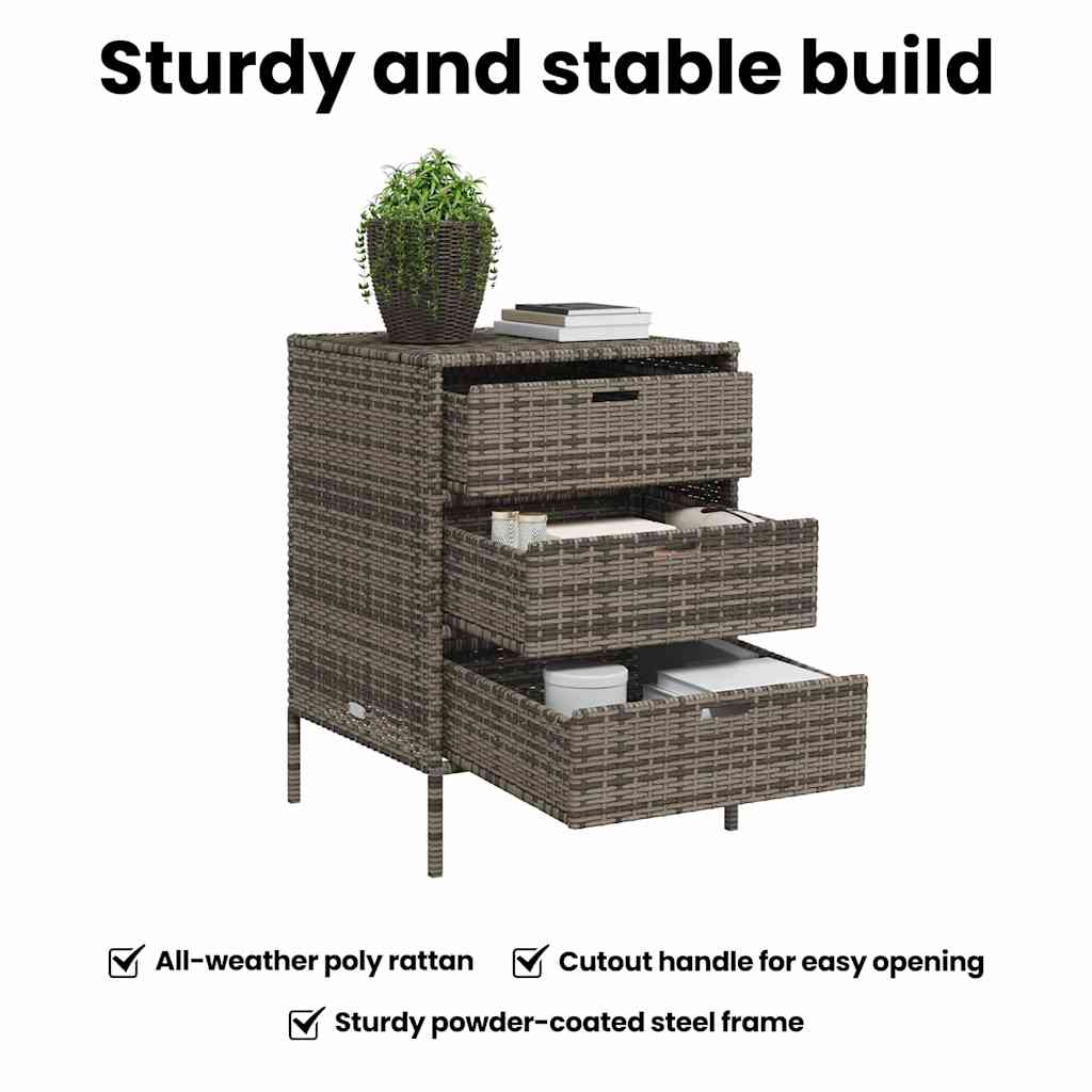 Garden Storage Cabinet with 3 Drawers Grey Poly Rattan