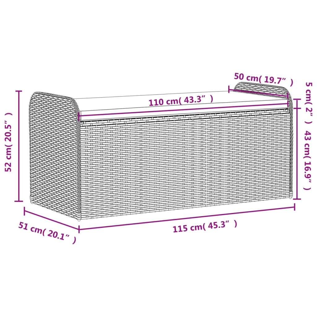 vidaXL Storage Bench with Cushion Grey 115x51x52 cm Poly Rattan