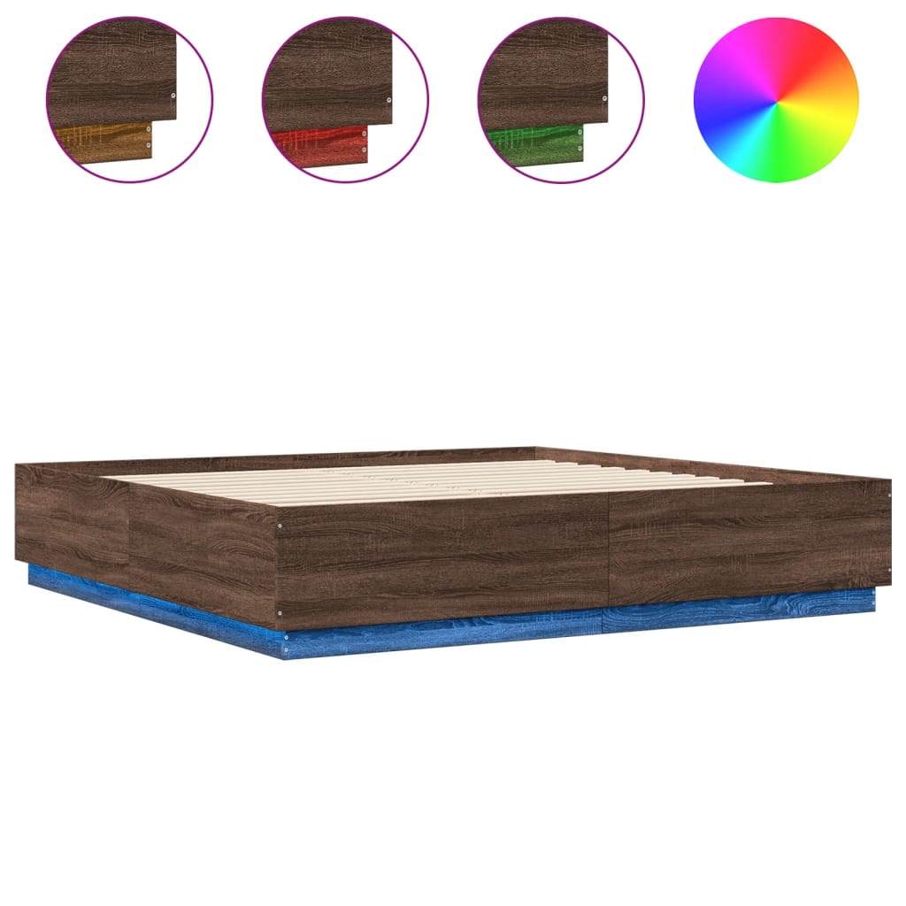 vidaXL Bed Frame with LED without Mattress Brown Oak 180x200 cm Super King