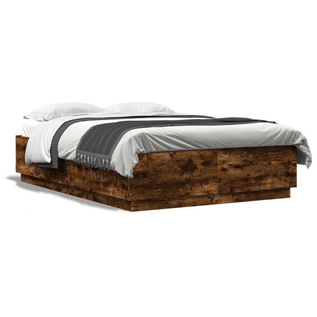 Bed Frame with LED without Mattress Smoked Oak 140x200 cm