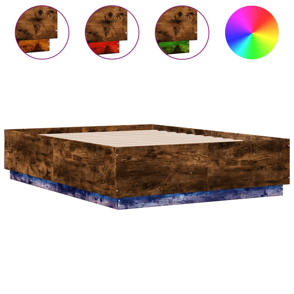 Bed Frame with LED without Mattress Smoked Oak 135x190 cm Double