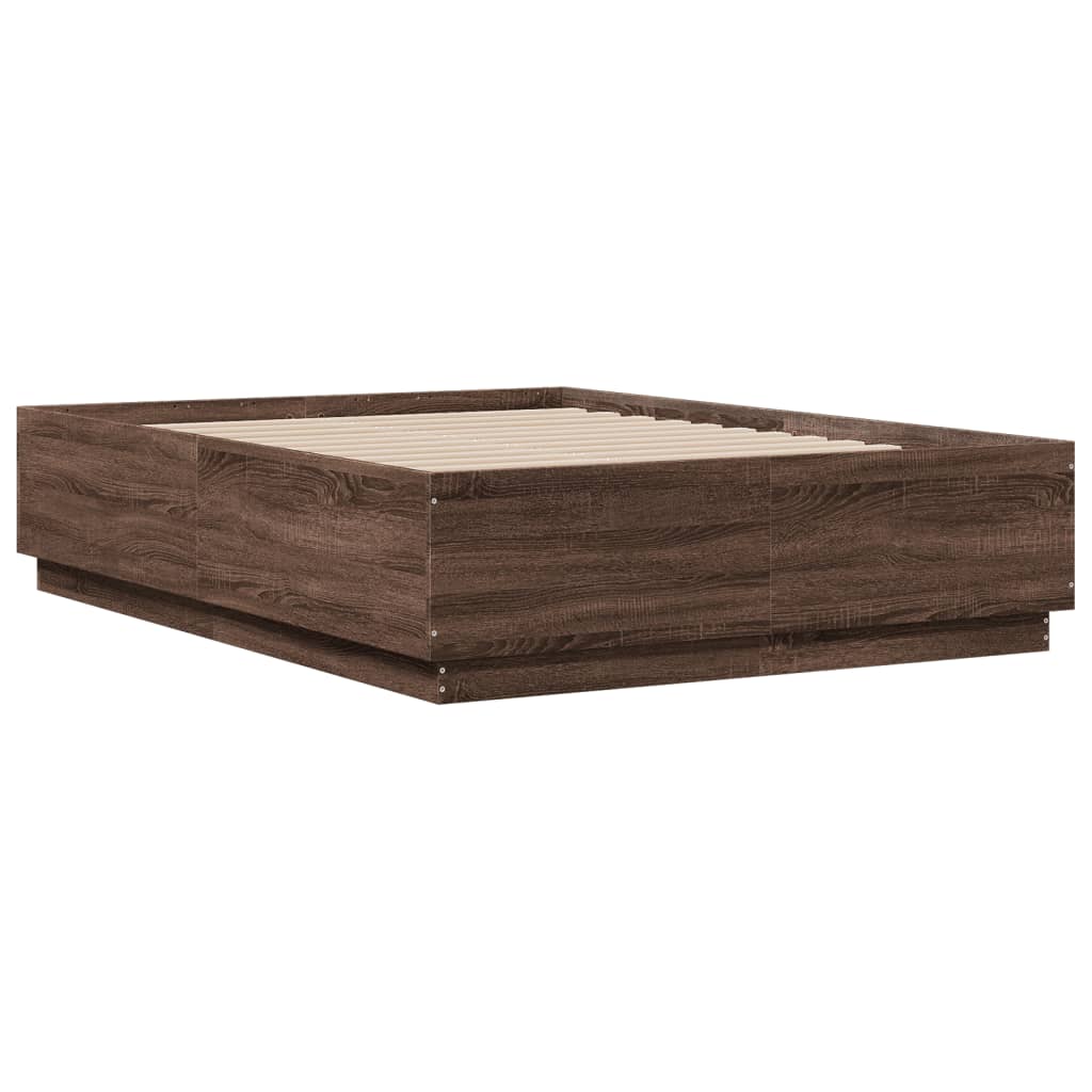 Bed Frame with LED without Mattress Brown Oak 135x190 cm Double