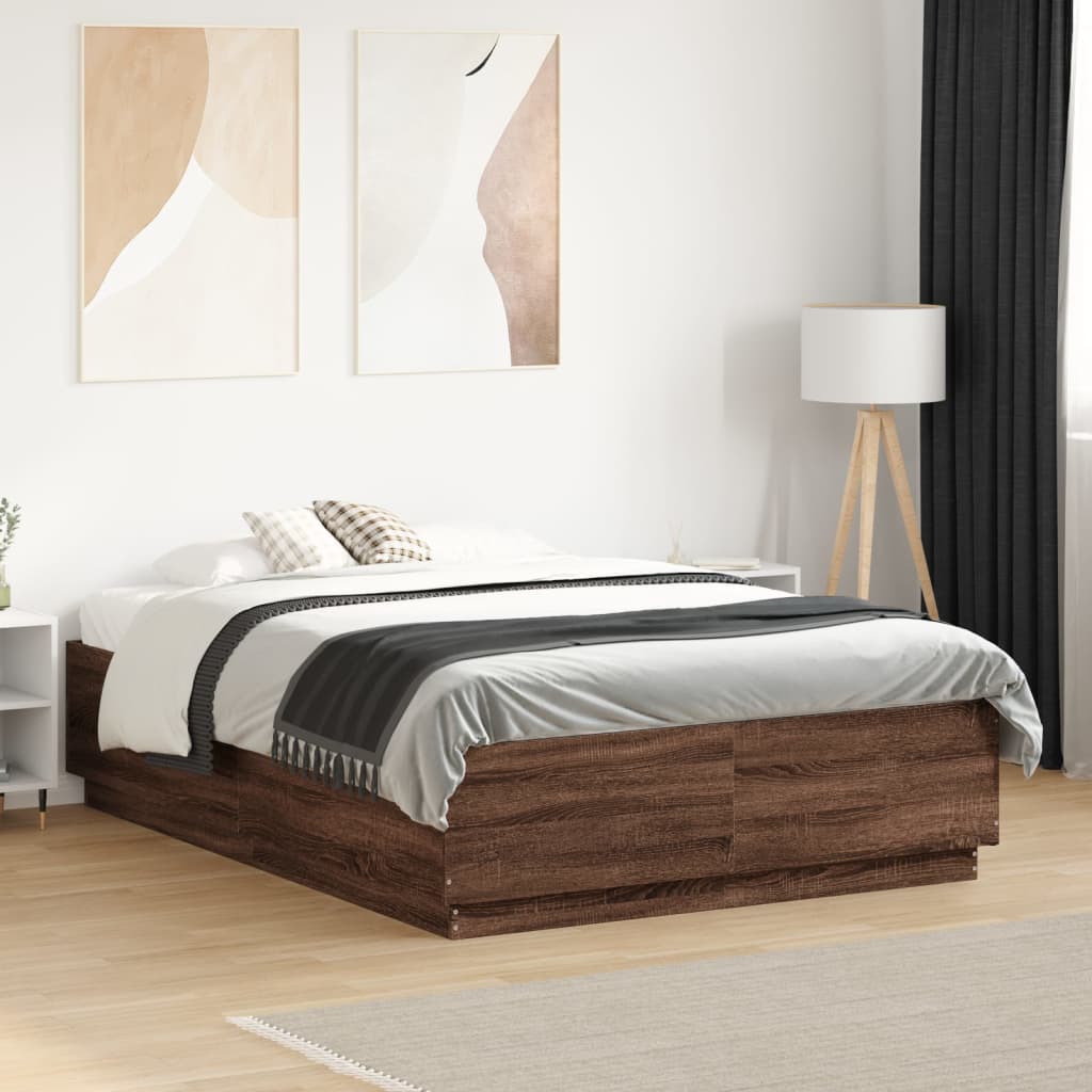 Bed Frame with LED without Mattress Brown Oak 135x190 cm Double