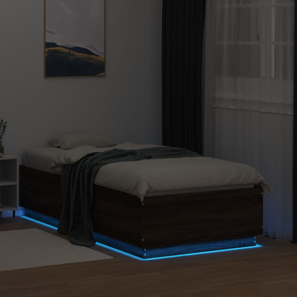 Bed Frame with LED without Mattress Brown Oak 75x190 cm Small Single