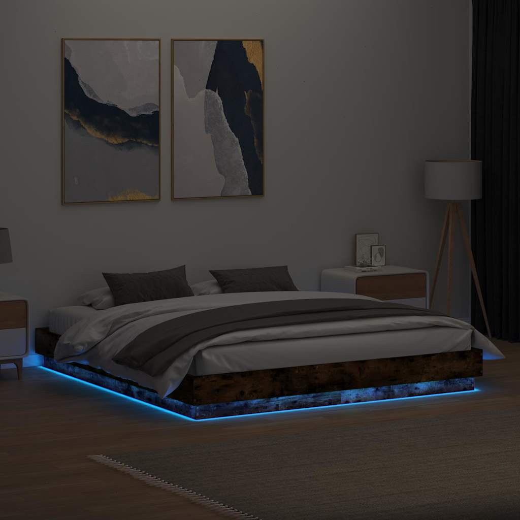 Bed Frame with LED without Mattress Smoked Oak 180x200 cm Super King