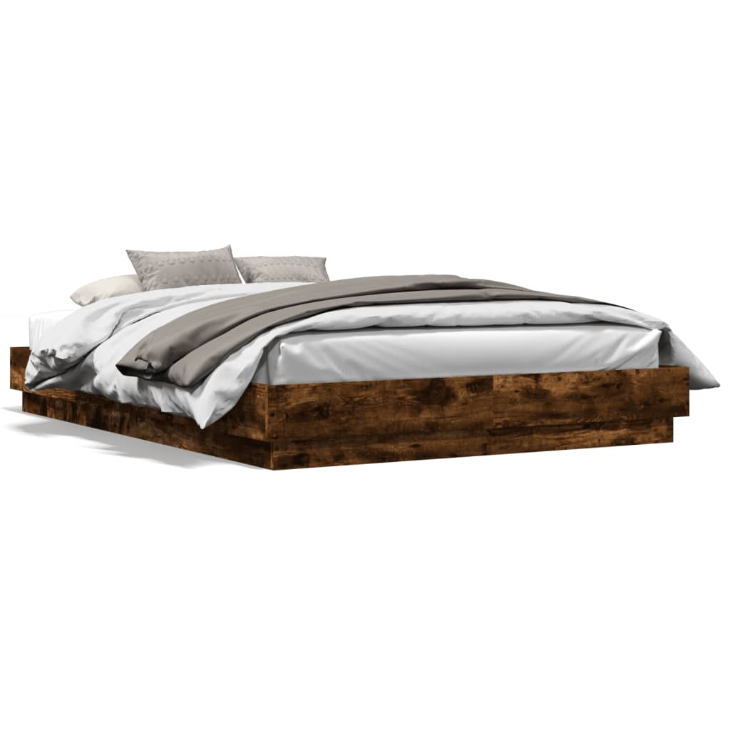 Bed Frame with LED without Mattress Smoked Oak 160x200 cm