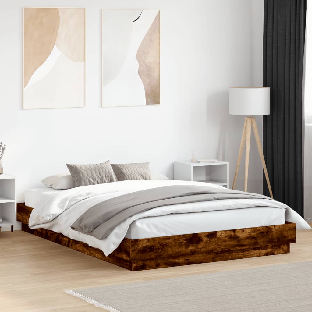 Bed Frame with LED without Mattress Smoked Oak 120x200 cm