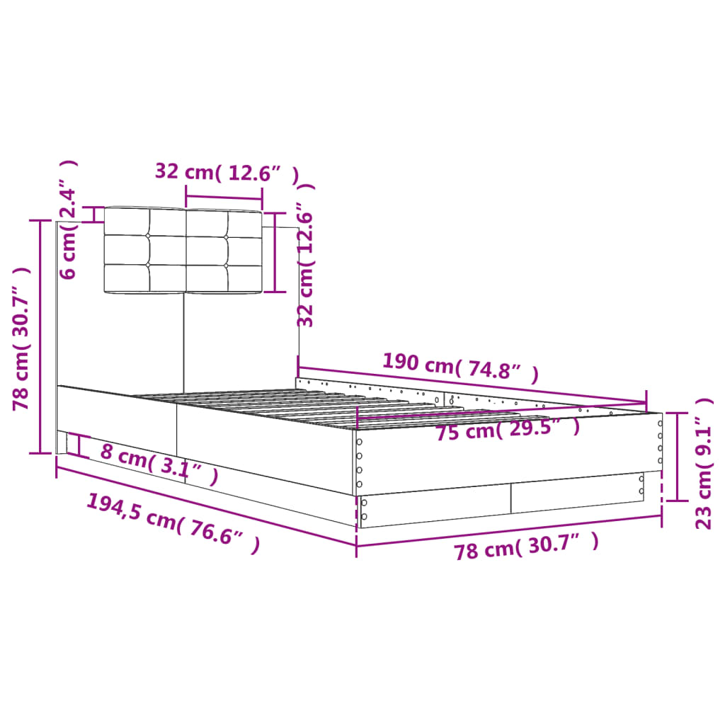 vidaXL Bed Frame without Mattress Grey Sonoma 75x190 cm Small Single