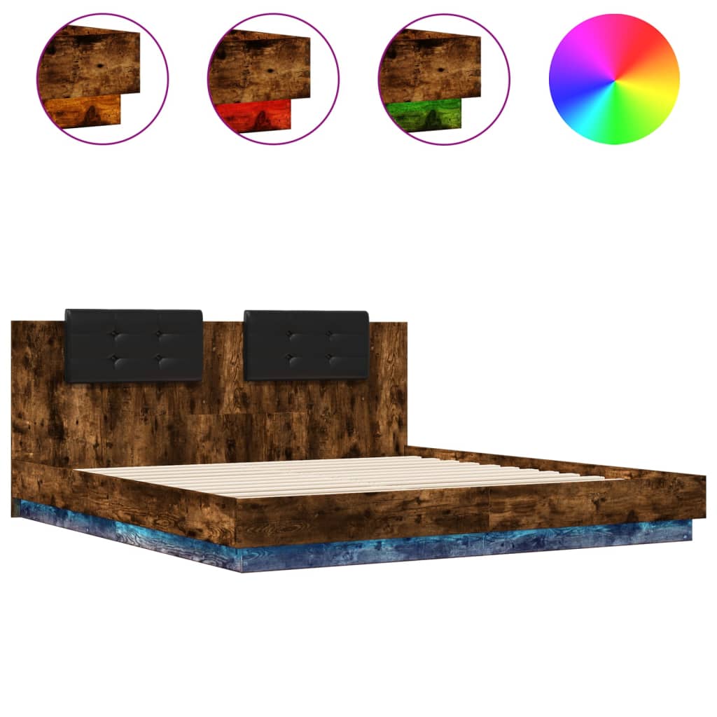 Bed Frame with LED without Mattress Smoked Oak 180x200 cm Super King