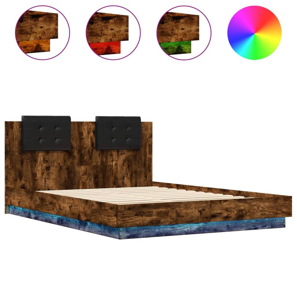 Bed Frame with LED without Mattress Smoked Oak 140x200 cm