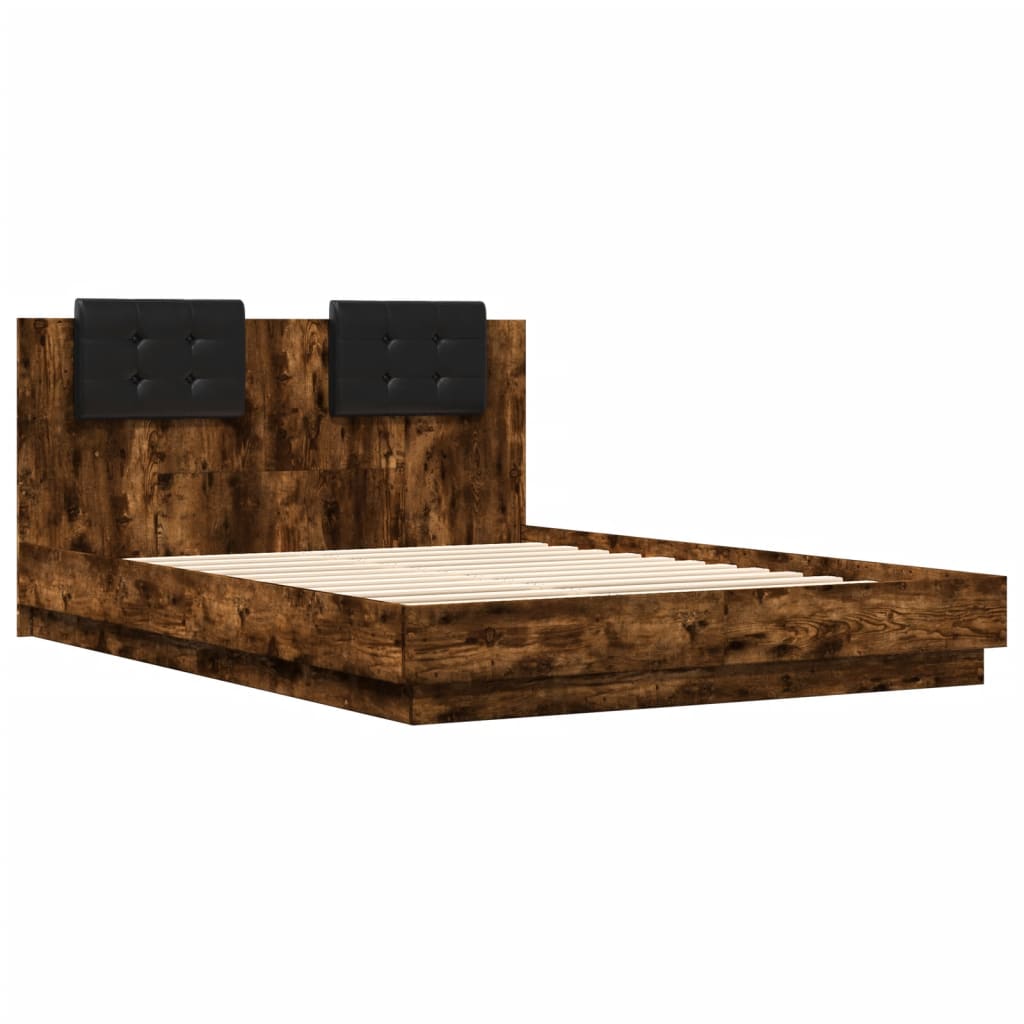 Bed Frame with LED without Mattress Smoked Oak 140x200 cm