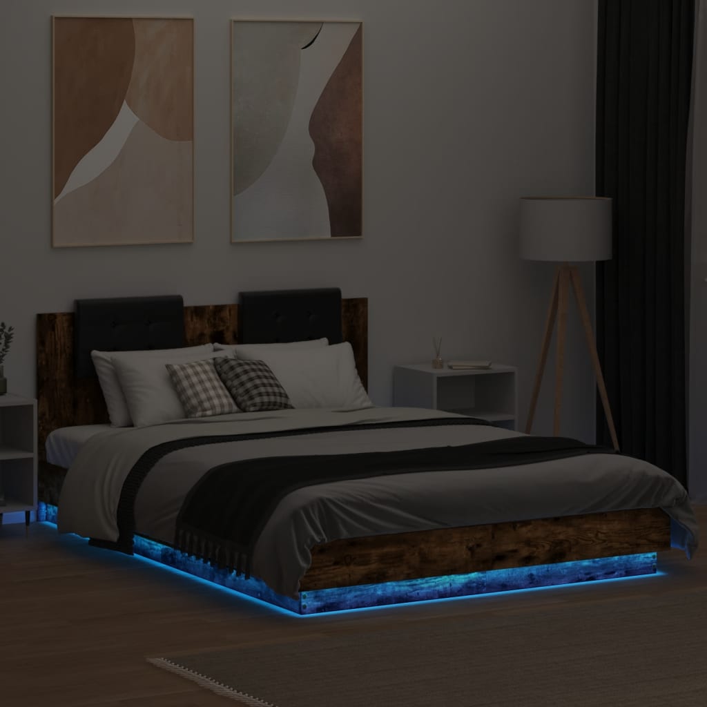 Bed Frame with LED without Mattress Smoked Oak 140x200 cm