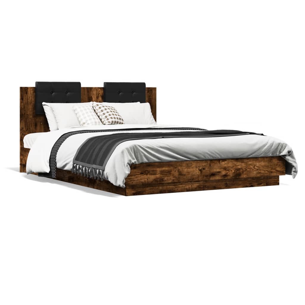 Bed Frame with LED without Mattress Smoked Oak 140x200 cm