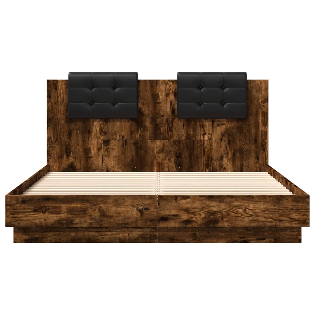 Bed Frame with LED without Mattress Smoked Oak 140x200 cm