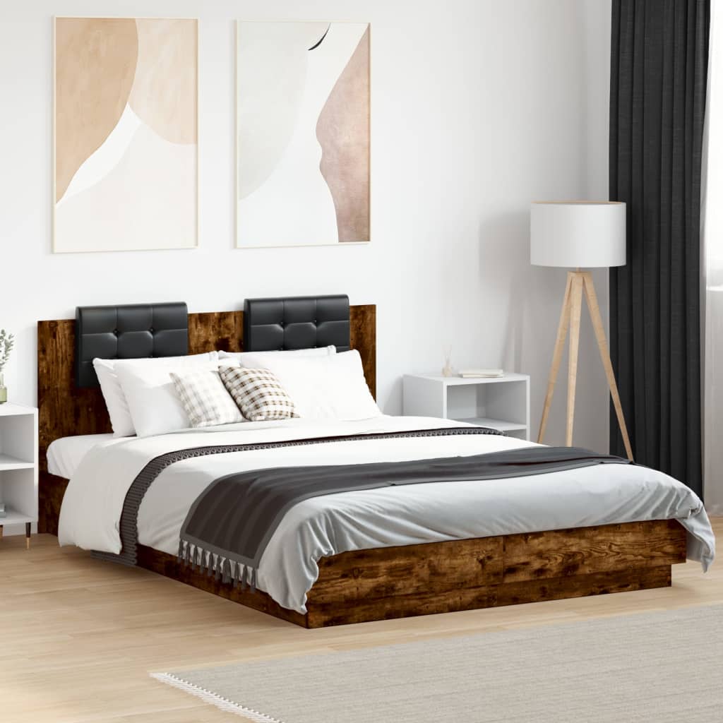 Bed Frame with LED without Mattress Smoked Oak 140x200 cm