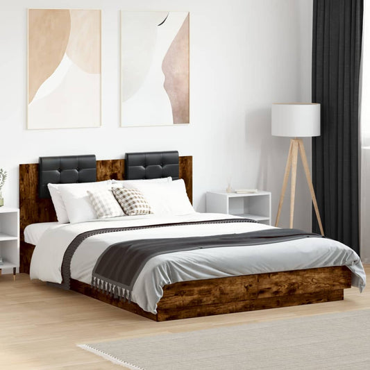 Bed Frame with LED without Mattress Smoked Oak 140x200 cm