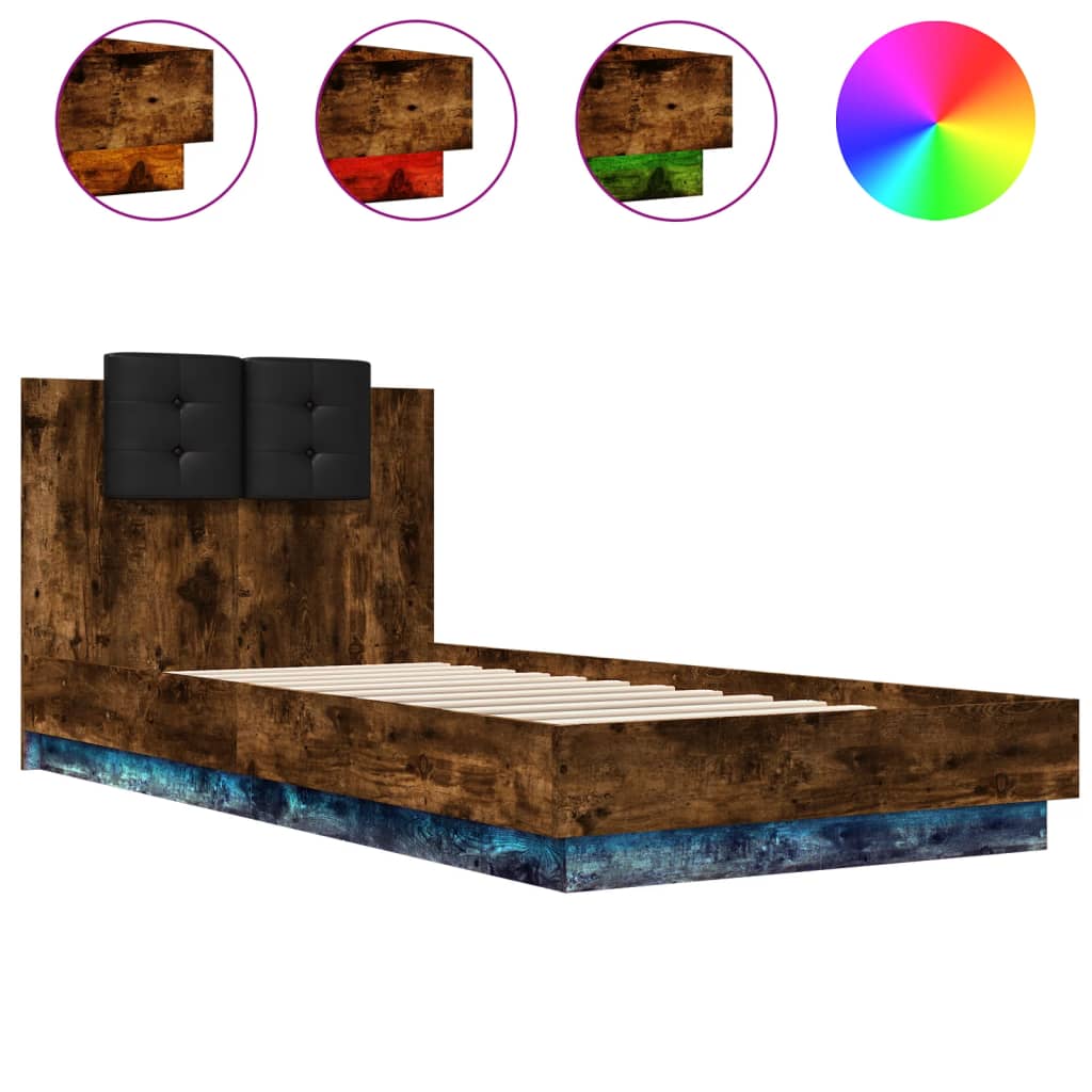 vidaXL Bed Frame with LED without Mattress Smoked Oak 100x200 cm