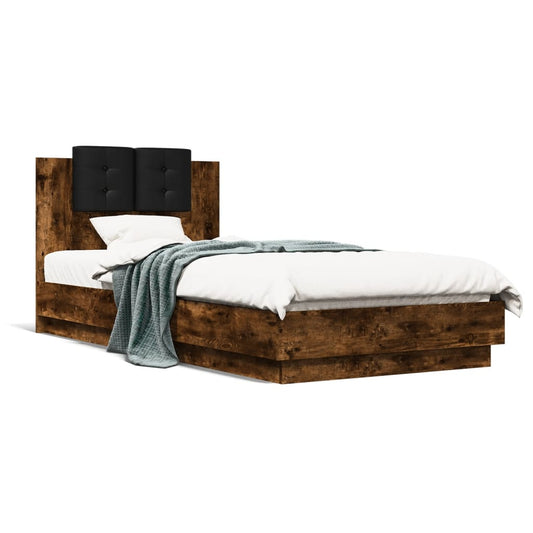 vidaXL Bed Frame with LED without Mattress Smoked Oak 100x200 cm