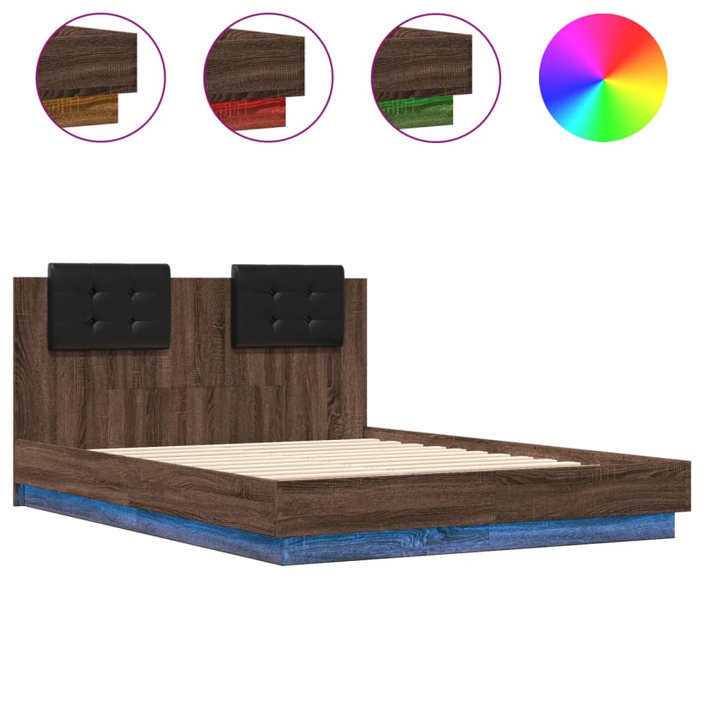 vidaXL Bed Frame with LED without Mattress Brown Oak 140x190 cm