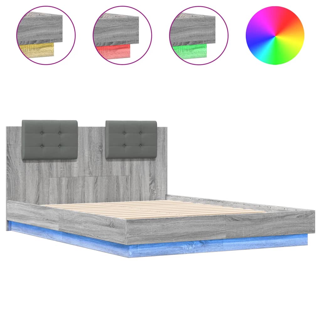 vidaXL Bed Frame with LED without Mattress Grey Sonoma 135x190 cm Double