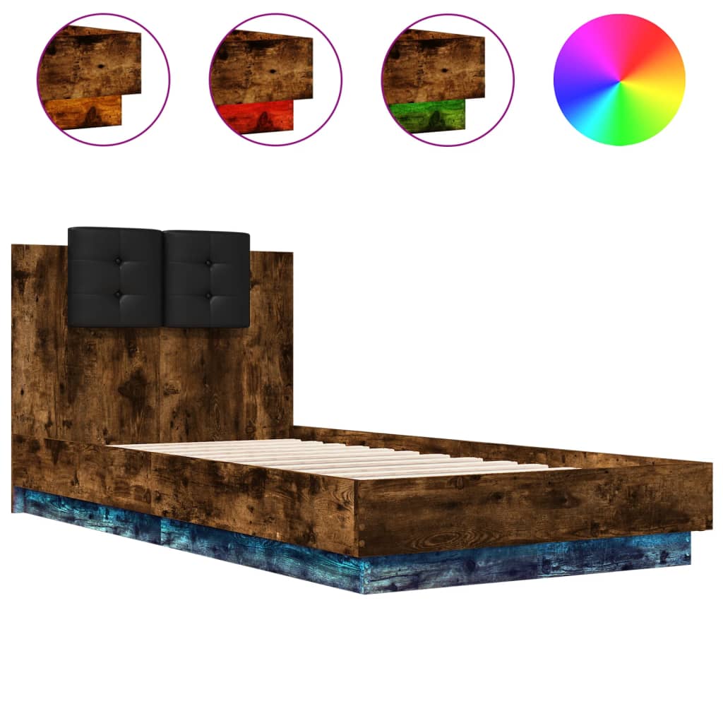 vidaXL Bed Frame with LED without Mattress Smoked Oak 90x190 cm Single