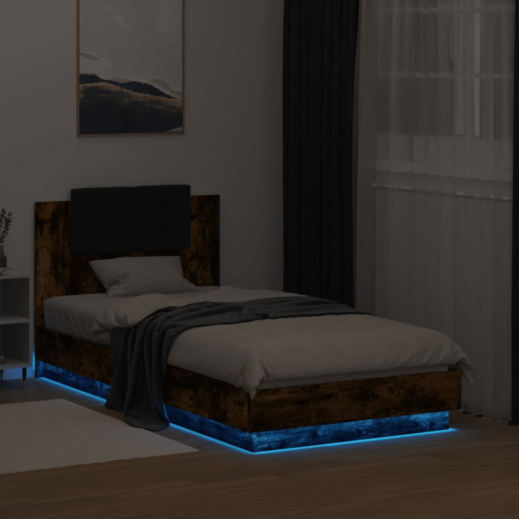 vidaXL Bed Frame with LED without Mattress Smoked Oak 90x190 cm Single