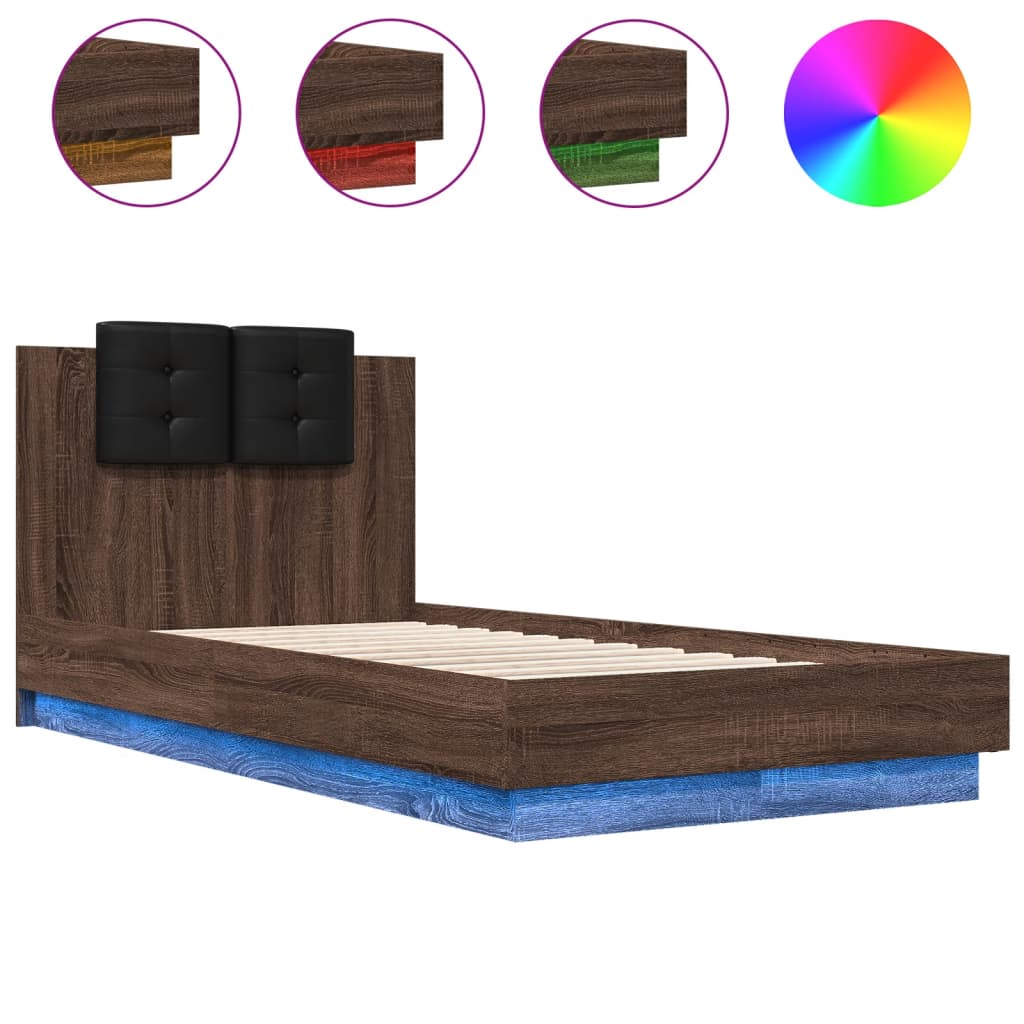Bed Frame with LED without Mattress Brown Oak 90x190 cm Single