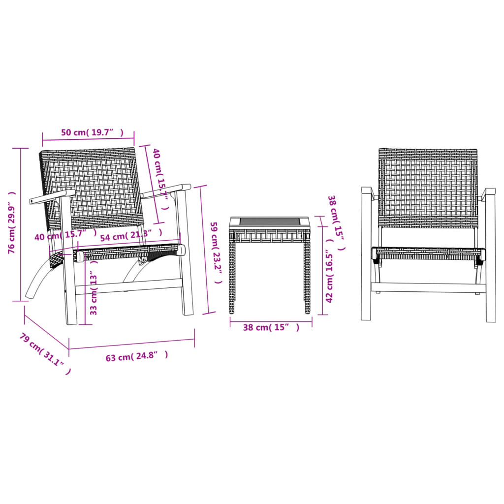 vidaXL 3 Piece Bistro Set Black Poly Rattan and Solid Wood Acacia