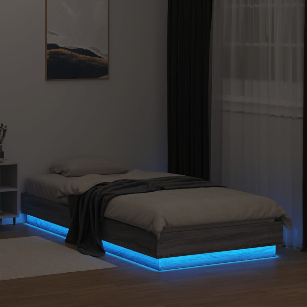 vidaXL Bed Frame without Mattress with LED Lights Grey Sonoma 90x200 cm