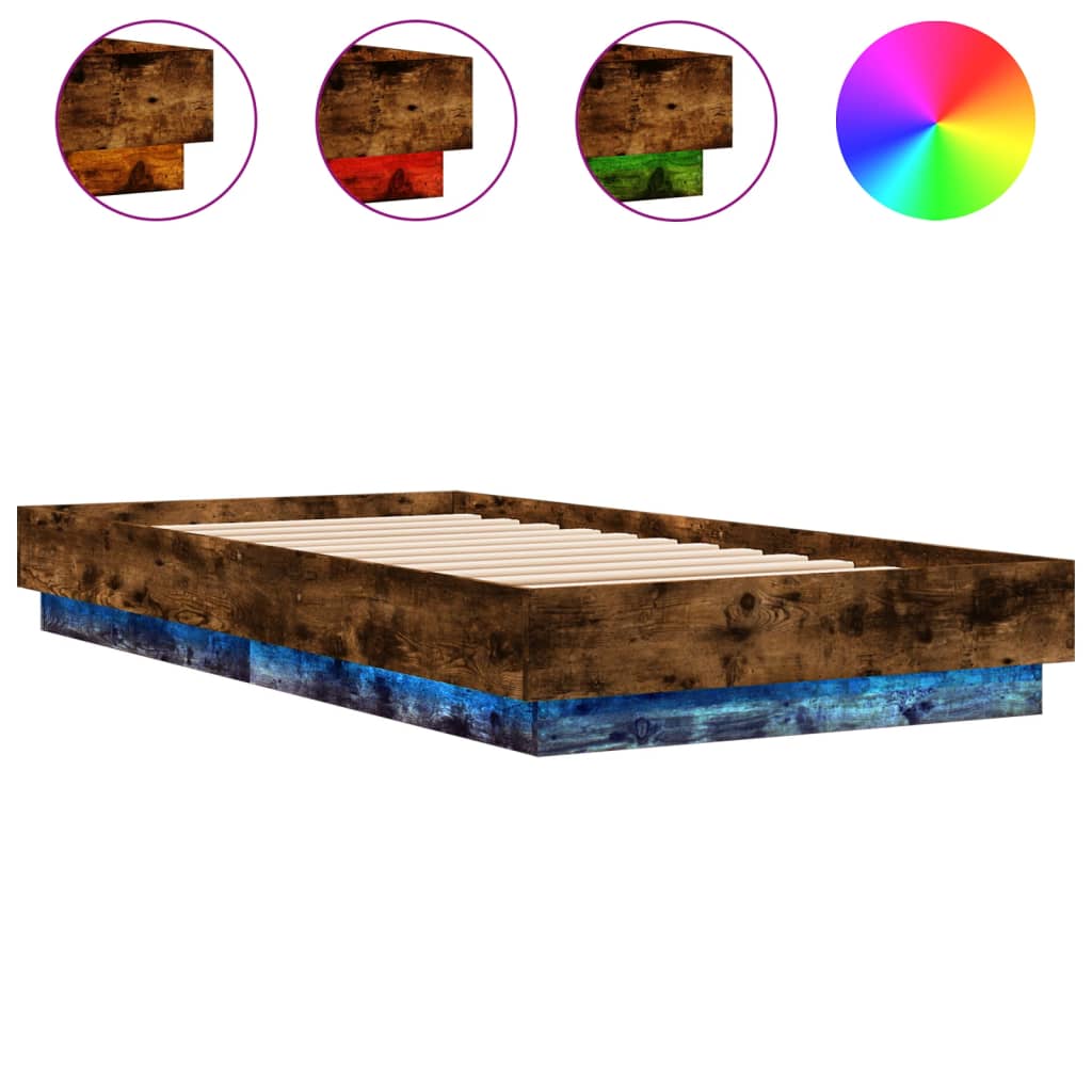 vidaXL Bed Frame without Mattress with LED Lights Smoked Oak 90x190 cm Single